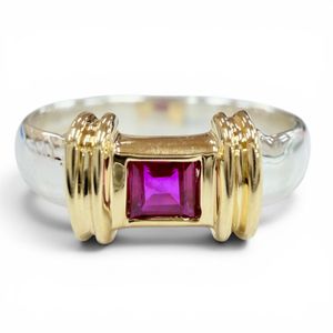 Mint Condition ◇ TIFFANY&Co. Vintage Stacking Band Ring 925 750 with 1 Ruby, Silver & Gold, Size JP8, Weight 3.5g, Women's