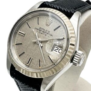 ROLEX Oyster Perpetual Date 6917 Vintage นาฬิกาข้อมือแบบอนาล็อก สแตนเลสสตีล ระบบออโตเมติก (ประมาณปี 1972) หน้าปัดสีเงินโมเสก/สายหนังสีดำ (ไม่ใช่ของแบรนด์) สำหรับสุภาพสตรี 【สินค้ามือสอง】