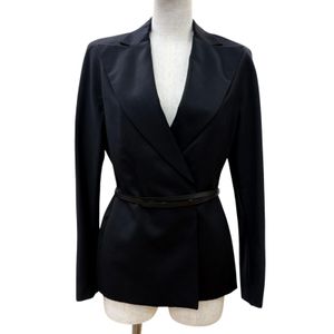 Excellent condition☆GUCCI vintage wool mohair peaked lapel tailored jacket with leather belt, black, size 38, made in Italy, authentic, women's.