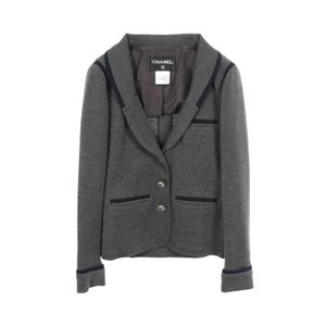 [Used] Chanel Tailored Jacket with Coco Mark Buttons, P38092V21513, Gray Wool, Women's, Used A