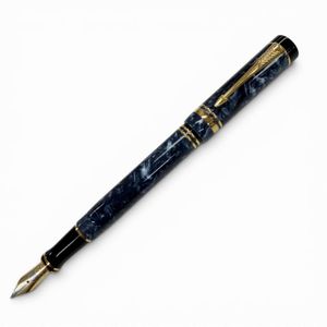 Excellent condition ▼ PARKER Duofold Centennial Fountain Pen, 18K Gold Nib (F), Marble Blue, Black & Gold, Made in the UK, Men's.