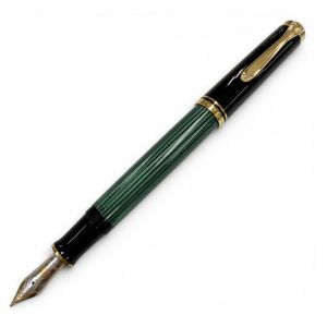 Mint Condition ▼PERIKAN Souverän M400 Fountain Pen, 14K Gold Nib (F), Current Model, Green Stripe, Black & Gold, Made in Germany, Men's