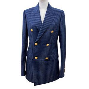 Unused item☆ CELINE 2V98E920C 100% Wool Striped Gold Button Peaked Lapel Double Tailored Jacket Navy 34 Made in Italy Authentic Women's