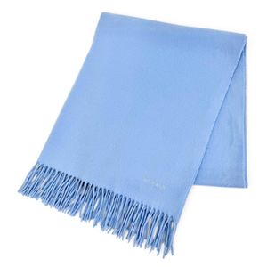 Excellent condition △HERMES 100% cashmere logo embroidered fringe large shawl stole scarf light blue Made in Scotland Women's