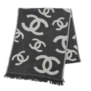 Unused CHANEL wool and cashmere blend scarf/shawl/stole with Coco Mark and fringe, gray, made in Italy, women's.