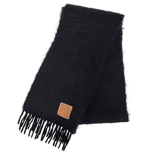Mint condition △ LOEWE mohair wool anagram logo leather patch fringe long scarf, black, made in Spain, authentic, women's, highly recommended ◎