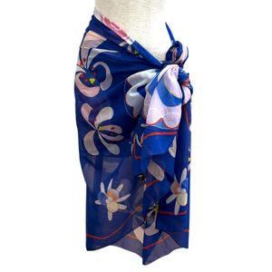 Mint condition★CHANEL G19 cotton silk blend Coco Mark floral large pareo blue Made in Italy Women's with box and dust bag