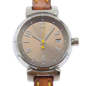 LOUIS VUITTON 탕부르 손목시계 Q1212 스테인리스 스틸 x 가죽 쿼츠 아날로그 손목시계 골드 다이얼 Tambour 여성용【중고】
