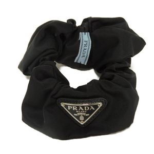 Pre-owned Prada Re-Nylon Saffiano Scrunchie, current model, nylon, Tessuto calfskin, Nero silver, hairband, hair tie, hair accessory, enamel triangle logo, black hairpin, 1IF015 2DMI F0002