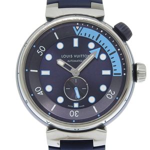 루이비통 LOUIS VUITTON 탕부르 스트리트 손목시계 QA121 스테인리스 스틸×러버 오토매틱 아날로그 손목시계 블루 다이얼 Tambour Street 남성용【중고】