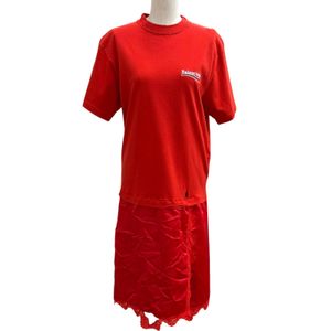 成色極佳 ★ BALENCIAGA 21AW 671398 100% 純棉 Campaign Logo 做舊拼接連身裙REDXS 正品女款，附衣架