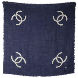 Chanel Coco Mark Scarf, Silk, Navy, Women's [Used]