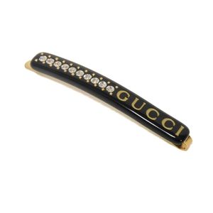 Used GUCCI logo crystal hair clip with gold CLEAR rhinestones, hair slide/hairpin, excellent condition, resin, black barrette, item number 753873 I9875 8521