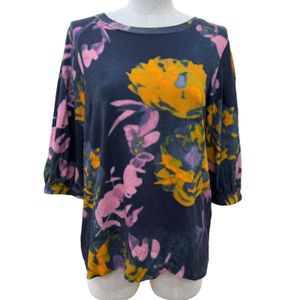 Excellent condition ☆ DRIES VAN NOTEN 100% cotton floral print short-sleeved cut-and-sew top, multicolor, Color S, authentic, women's.