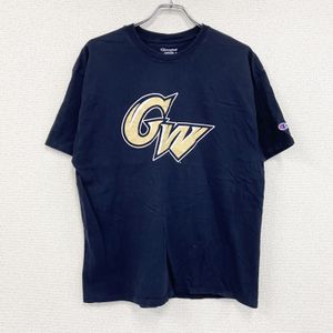 Champion short-sleeved printed T-shirt, large logo, embroidered logo, current model, navy blue, size XL, used clothing.