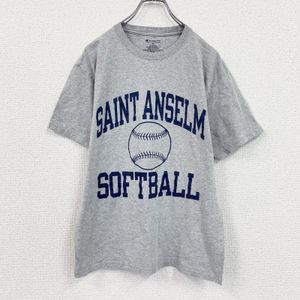 Champion short-sleeved printed T-shirt, softball design, gray, size M, used.