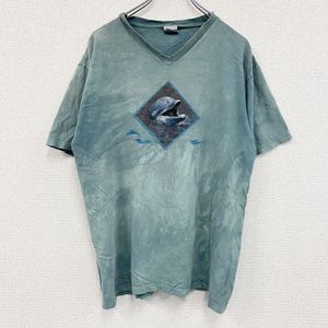 Harlequin short-sleeved printed T-shirt, V-neck, animal print, slate blue, size L, used.