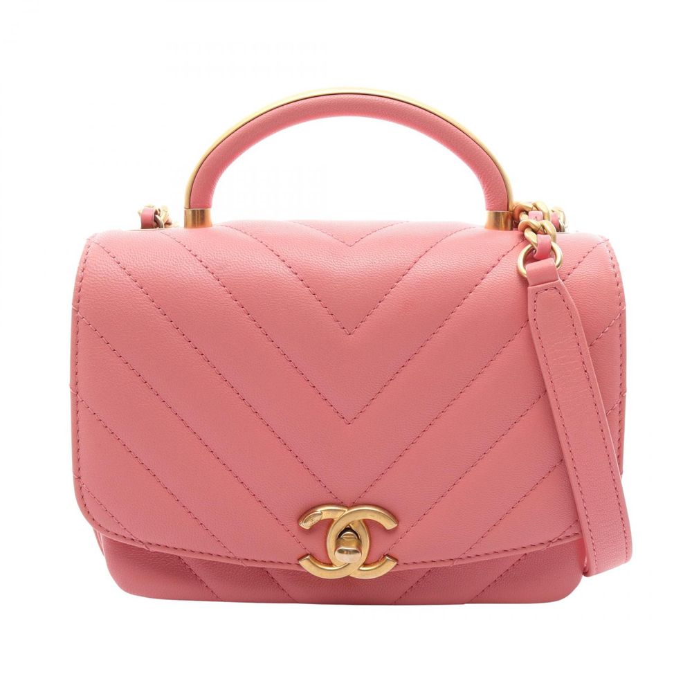 [중고] Chanel 샤넬 숄더백 쉐브론 V스티치 탑 핸들 2WAY 핑크 레더 쉐브론 V스티치 탑 핸들 2way 체인 숄더백
