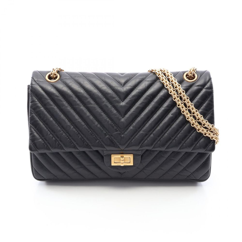 [중고] Chanel 샤넬 숄더백 2.55 쉐브론 V스티치 W플랩 블랙 레더 2.55 쉐브론 V스티치 더블 플랩 체인 숄더백
