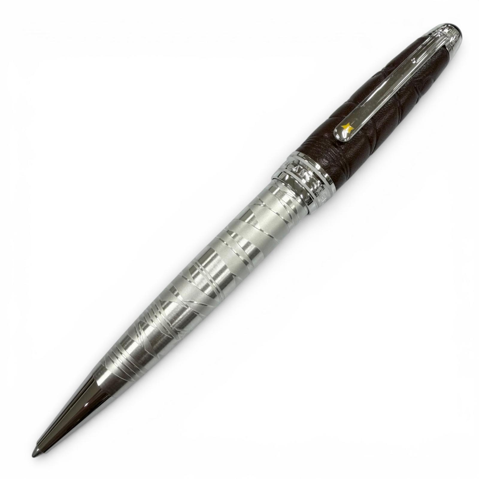 全新 ▼MONTBLANC119686 Meisterstück 小王子飛行員單肩中號皮革白色星形扭紋原子筆 銀ブラウン德國製造 男士鋼筆 書寫流暢 已測試 含筆盒