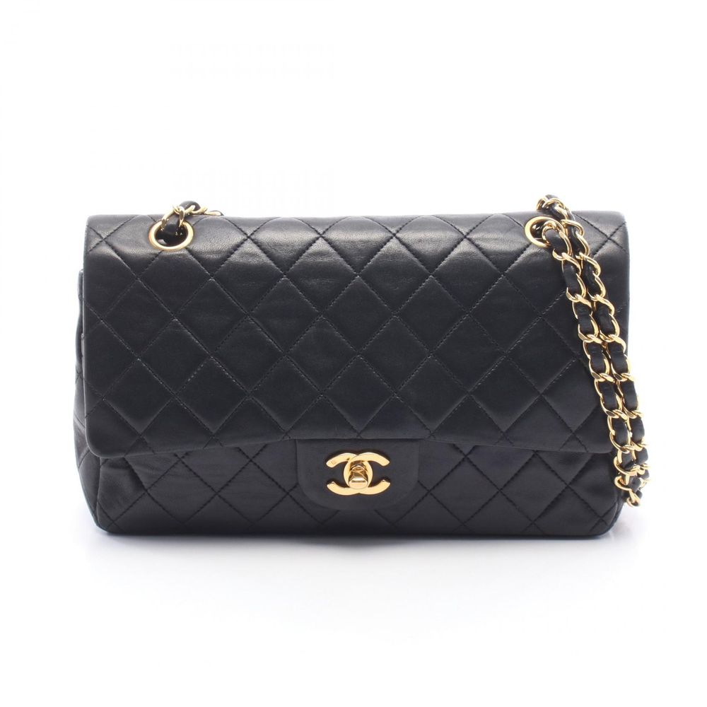 [Pre-owned] Chanel Matelassé Shoulder Bag, Double Flap, Black Lambskin (Sheepskin Leather), Chain Shoulder Bag, Women's.