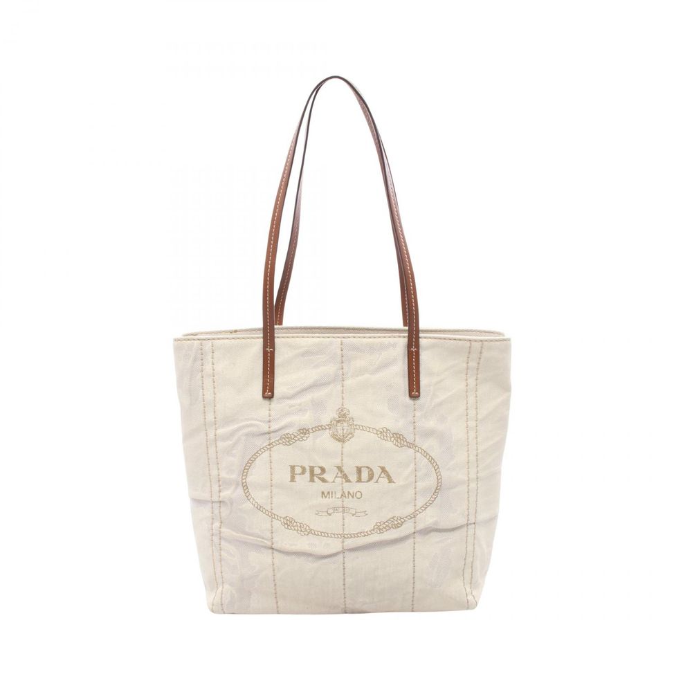 [Used] Prada PRADA Tote Bag MISTOLINO+VITEL 1BG347 Ivory/Beige Canvas Leather Small Linen Blend Tote Bag Women's Used B