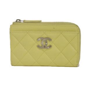 Pre-owned CHANEL Matelassé Fragment Case, Coco Mark (CC logo), Grained Calfskin, Fish Design, Pastel Color , L-shaped Zipper, Card Holder, Caviar Skin, Light Yellow, Coin Purse, AP4336