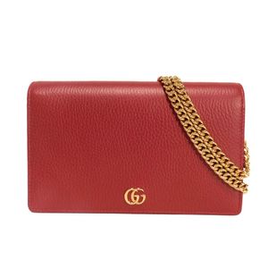 Pre-owned GUCCI GG Marmont Chain Wallet, GG Logo, Calfskin, Mirror, 2-Way Clutch Bag, Compartment, Card Case, Coin Case, Unused, Double G, Hibiscus RED Shoulder Bag, 497985 CAO0G 6433