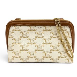 Mint condition ★ CELINE 10E382CBX Triomphe canvas logo chain clutch bag shoulder bag off-white Braun Made in Italy Women's Comes with box and dust bag