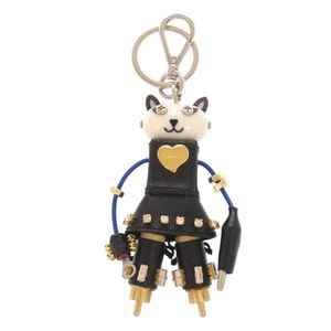 美品 Prada 캣 로봇 사피아노 레더 메탈 블랙 화이트 키홀더/키링 참 0905【중고】PRADA