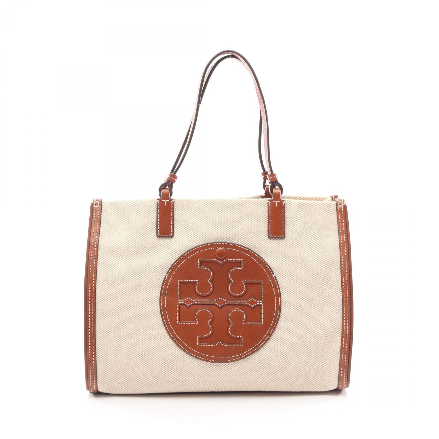 【二手】Tory Burch ELLA 手提包，米色/ブラウン帆布皮革手提包，女士，二手 B