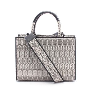 [Used] Furla Opportunity Small 2-Way Handbag WB00299 Gray Canvas Leather Opportunity Small Tote Bag Gray Beige Women's