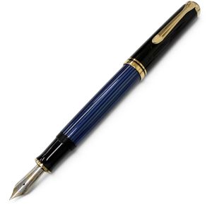Mint condition □PERIKAN M600 Souverän 14C EF nib fountain pen, black with blue stripe and gold accents, made in Germany, men's, with box.
