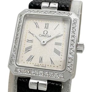 OMEGA 스퀘어 다이아 베젤 빈티지 아날로그 손목시계 K18WG 화이트 골드/레더/다이아몬드 쿼츠 실버 다이얼/블랙 레더 스트랩 여성용 【중고】