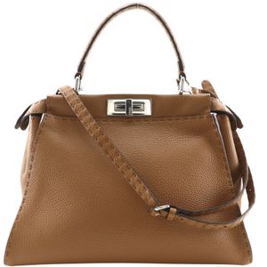 FENDI Peekaboo Selleria 中號手提包，兩用單肩包，小牛皮，棕色，斜挎包，單肩包，手提包，雙向旋扣，女士 [二手]