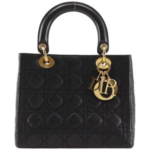 Christian Dior Lady Dior 手提包，藤格紋圖案，羊皮材質，黑色/金色五金配件，托特包，拉鍊開合，女士款。 [二手]