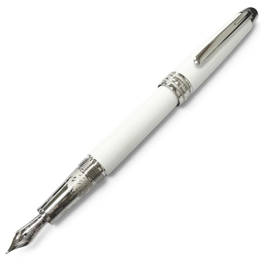 美品□MONTBLANC モンブラン マイスターシュテュック ソリテール 145 トリビュート・トゥ・ザ・モンブラン・クラシック ペン先18K Fニブ 万年筆 ホワイト シルバー ドイツ製 メンズ