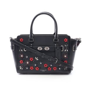 【二手】COACH手提包 Blake Carryall Flower 2WAY F59450 黑色/RED/ブラウン皮革 Blake Carryall 25 花卉貼紙