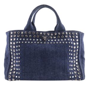 Prada Canapa Tote M 手提包 镶钻 牛仔 蓝色 手提包, A4 开口式 Canapa Tote M 女士【二手】