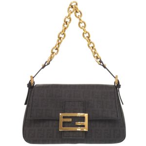 成色極佳，Fendi Zucchino 圖案迷你 Mamma 水桶包 8BR180 PVC 灰色鏈條手提包/單肩包 0695 [二手] FENDI