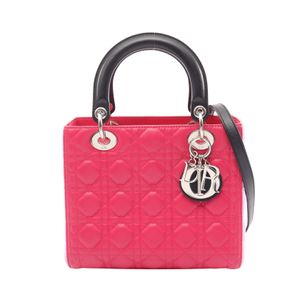 [Pre-owned] Dior Lady Dior Cannage 2-Way Handbag, Pink/Black Leather, Medium Size, Women's Tote Bag
