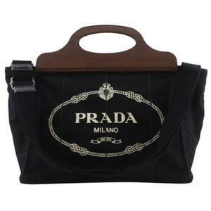 Prada Canapa 手提包 2WAY 单肩包 1BG350 帆布 x 木质 NERO 黑色 斜挎、肩背、手提、2way、A4 女士【二手】