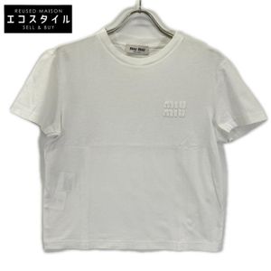 Miu Miu 23週年紀念款 MJN500 白色棉質刺繡Logo針織T卹 XS碼 [二手]