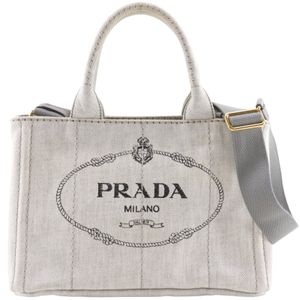 Prada Canapa 迷你托特包，兩用單肩包，棉質牛仔布，灰色，斜挎包，單肩包，手提包，兩用，A5 尺寸，開口，女士 [二手]