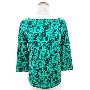 Mint condition △HERMES 17-7720 DO RE BOUCLES 100% Cotton Square Neck Three-Quarter Sleeve Pullover Top Green Black Size 36 Made in France Authentic Women's