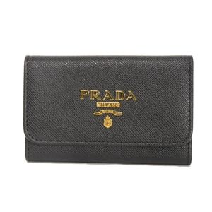 Pre-owned Prada Saffiano leather 4-ring key holder, current model, hibiscus design, pink, black, white, gold, snap button, RFID, IC chip, logo metal, Nero color, key case, 1PG004 ZLP F061H