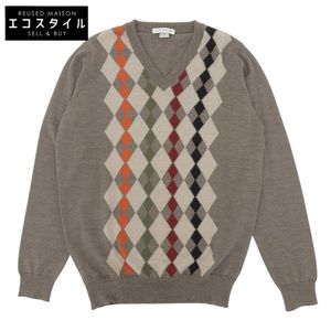 John Smedley V-neck sweater, 100% wool, men's top, greige, size M (used)