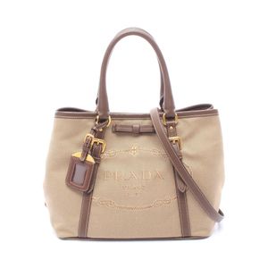 【中古】 プラダ PRADA ハンドバッグ LOGO JACQUARD ロゴジャガード 2WAY ブラウン キャンバス レザー ロゴジャガード 2wayトートバッグ レディース Used B