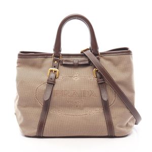 【中古】 プラダ PRADA トートバッグ LOGO JACQUARD ロゴジャガード 2WAY ベージュ/ブラウン キャンバス レザー ロゴ ジャガード リボンモチーフ 2way トートバッグ