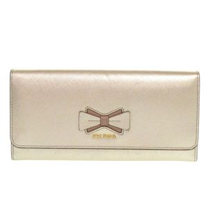 Like New Prada 1MH132 RIBON Saffiano Fiocco Leather Gold Long Wallet 0073 [Used] PRADA